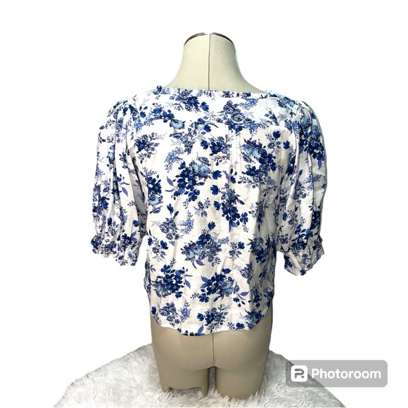 Cupcakes & Cashmere Linen Blend Blue Floral Puff Sleeve Women's Size XS - Picture 2 of 10